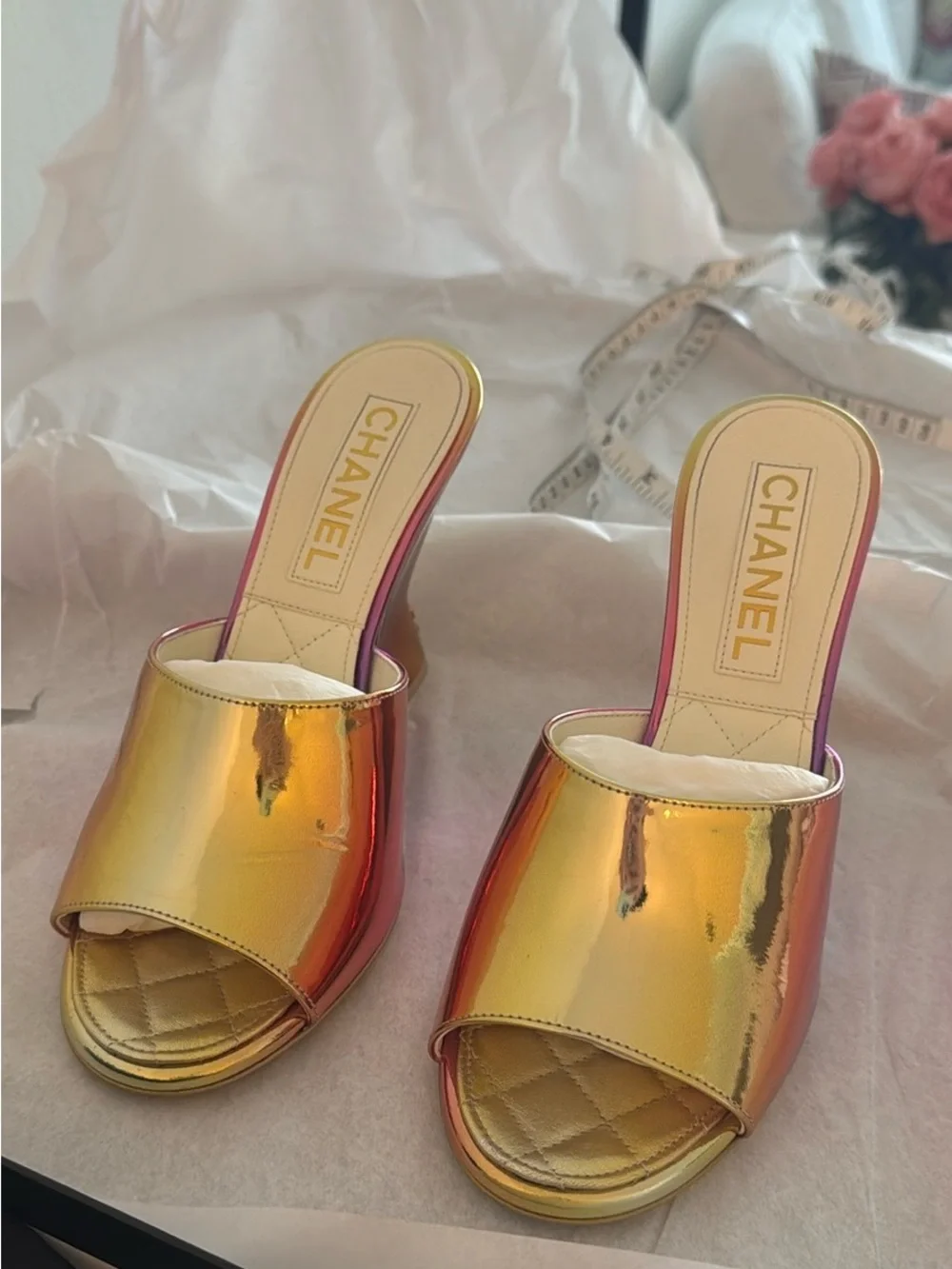 CHANEL Laminated Calfskin Wedge Mules 37.5 Pink Orange Yellow Multicolor CC logo